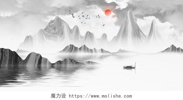 中国风意境水墨山水风景原创插画